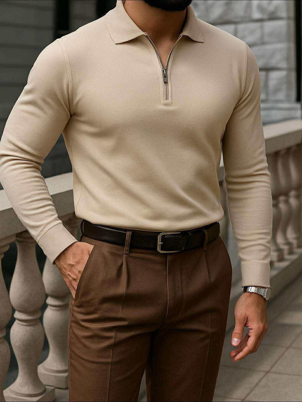 Polo Zip Tee – Bezhë Elegante