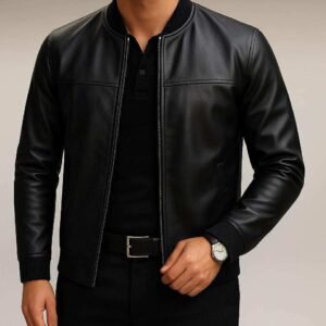 Xhaketë Lëkure Bomber – E Zezë Minimaliste