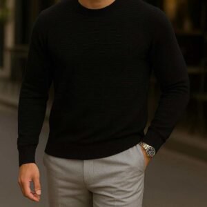 Pulovër Premium me Gjatësi të Plotë – E Zezë me Teksturë