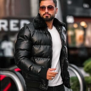 Xhup Puffer Lëkure Jakë Leshi – Ngjyrë e Zezë