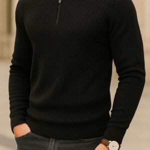 Pulovër Polo-Zip me Vija – E Zezë