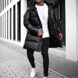 Xhaketë e gjatë puffer lëkure e zezë – stil urban-luksor