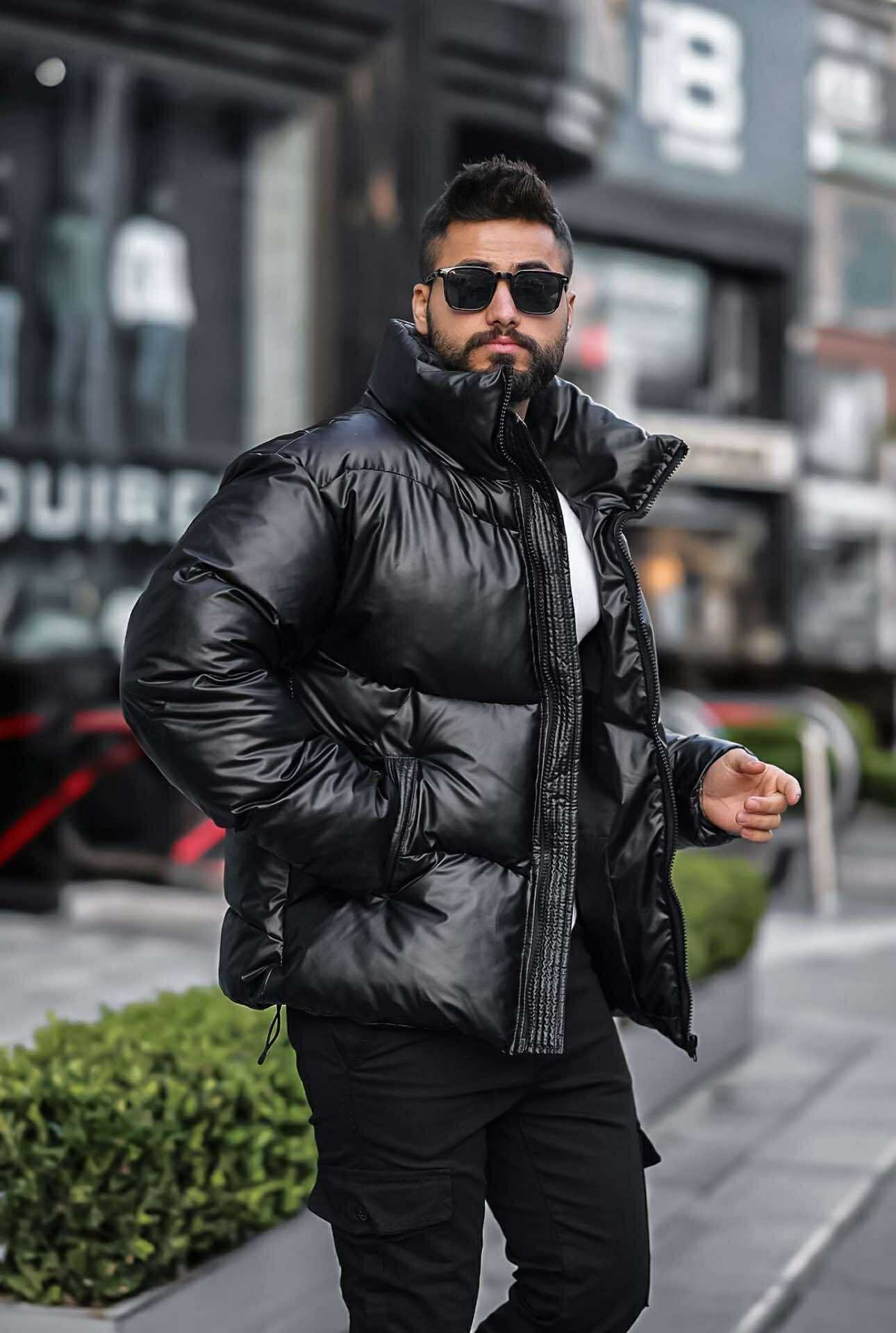Xhaketë puffer lëkure e zezë me jakë të lartë – stil urban modern