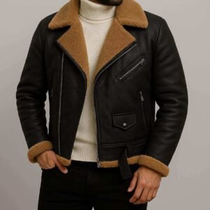 Xhaketë Lëkure me Pelush Kafe – Stil Aviator Premium