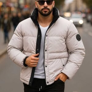 Xhaketë puffer bezhë me jakë të zezë – Urban Street Edition