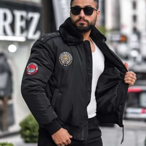 Xhaketë “Bomber Aviator” e zezë me jakë pelushi – stil ushtarak urban premium