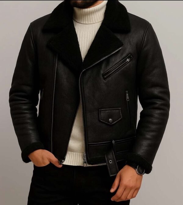 Xhaketë Lëkure e Zezë me Pelush të Brendshëm – Stil Aviator Premium