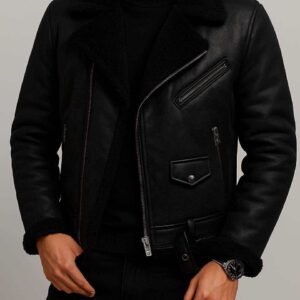 Xhaketë Lëkure e Zezë me Pelush të Brendshëm – Stil Aviator Premium