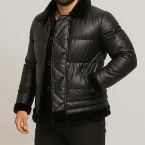 Xhaketë Puffer Lëkure e Zezë me Jakë Pelushi – Elegancë & Ngrohtësi Urbane