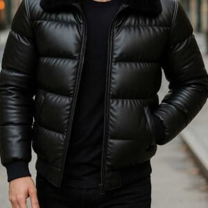 Xhup Puffer prej Eco-Lekure me Jakë Pelushi të Zi – Street Luxury Edition