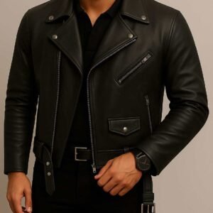 Xhaketë Lëkure Premium me Rrip – Urban Biker Edition (Black)