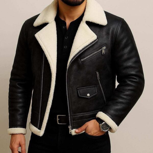 Xhaketë Lëkure Dimërore me Pelush – Urban Aviator Edition (Black & White Fur)