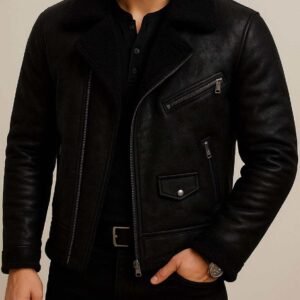 Xhaketë Lëkure Dimërore me Pelush – Urban Aviator Edition (Black & White Fur)