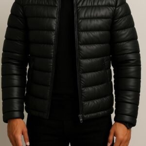 Xhaketë Puffer Eco Lëkure e Zezë – Koleksioni Urban Street-Luxury