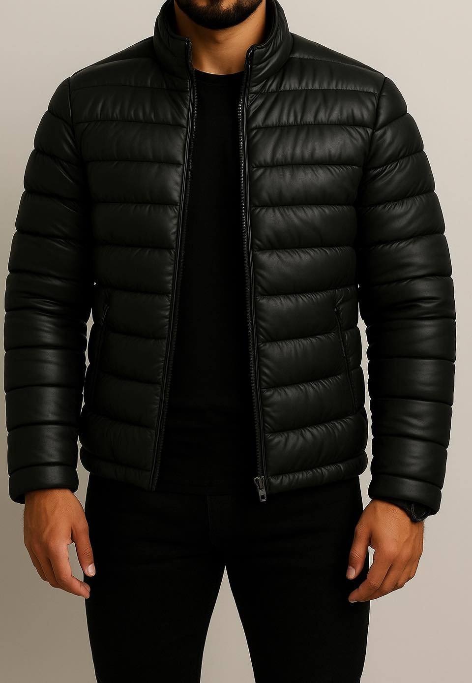 Xhaketë Puffer Eco Lëkure e Zezë – Koleksioni Urban Street-Luxury