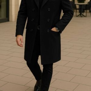 Pallto e zezë elegante me dy rreshta kopsa – stil klasik dhe modern