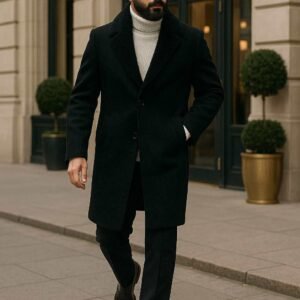 Pallto e Zezë Premium me Jakë Pelushi – Elegancë Klasike & Stil Modern