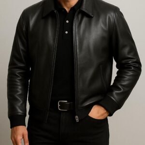 Men’s Premium Original Leather Jacket – Classic Collar & Ribbed Trim