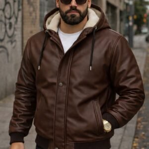 Xhup kafe prej eco-leather me kapuç dhe pelush – stil urban-luksoz për ditët e ftohta