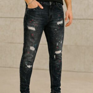 Xhinse Meshkuj Slim Fit – Denim i Zi me Efekt Paint & Ripped