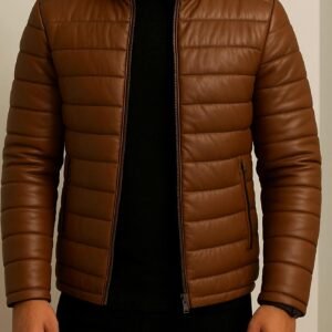 Men’s Premium Leather Puffer Jacket – Caramel Brown Edition