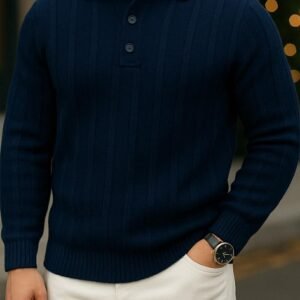 Men’s Premium Ribbed Knit Polo – Navy Blue