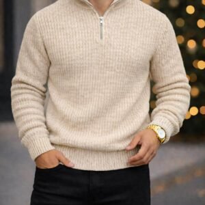 Xhemper Meshkuj Half-Zip Ribbed – Bezh (Beige)