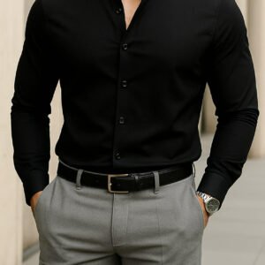 Këmishë Premium Slim Fit për Meshkuj – Black Mandarin Collar
