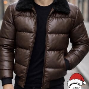 Xhup Puffer Premium Eco-Lëkurë Kafe me Jakë Pelushi – Slim Fit