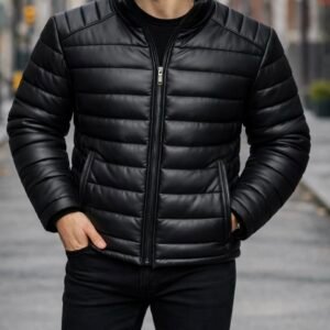 Xhup Puffer Premium Eco-Lëkurë i Zi me Jakë të Lartë – Slim Fit