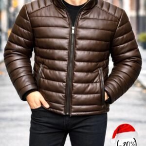 Xhup Puffer Premium Eco-Lëkurë Kafe me Jakë të Lartë – Slim Fit