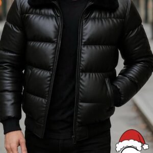Xhup Puffer Premium Eco-Lëkurë i Zi me Jakë Pelushi – Slim Fit