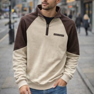 Xhemper Casual për Meshkuj me Zip 1/4 – Bezh & Kafe