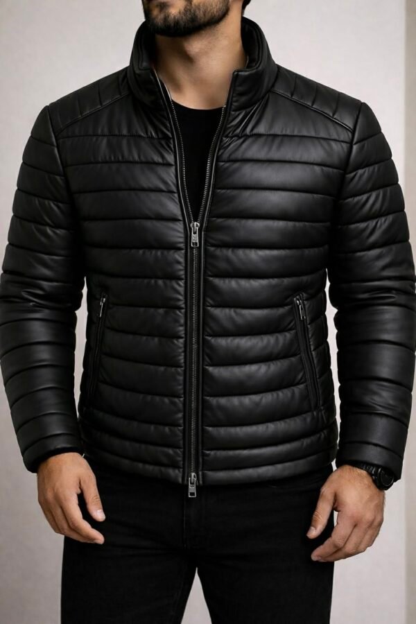 Xhup Puffer Meshkuj – Eco Leather i Zi, Slim Fit