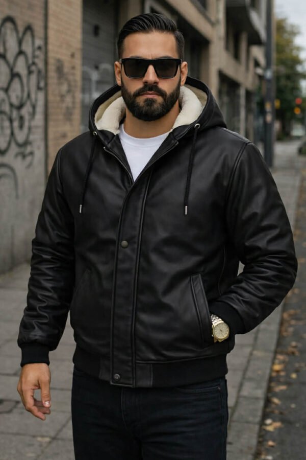 Xhup Lëkure Premium me Kapuç dhe Pelush – Stil Urban Luksoz