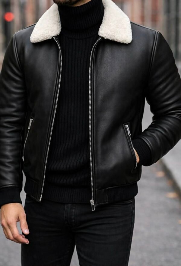 Xhup Lëkure Premium i Zi me Jakë Pelushi