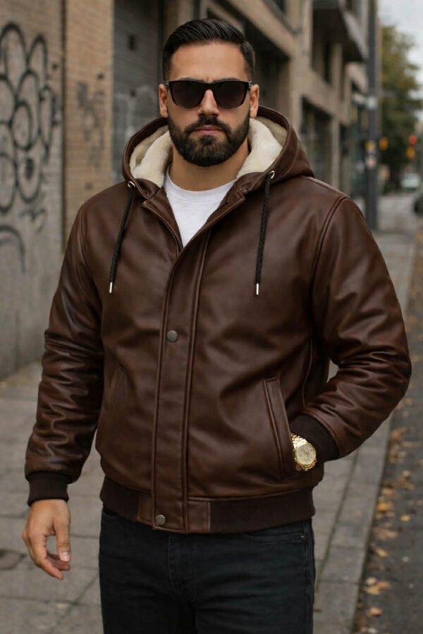 Xhup Lëkure Premium me Kapuç dhe Pelush – Stil Urban Luksoz