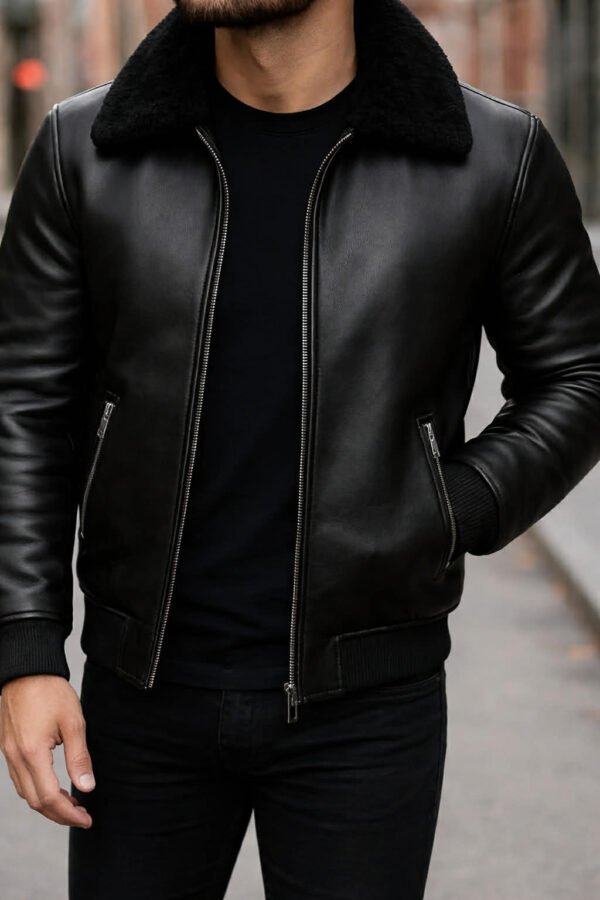 Xhup Lëkure Premium i Zi me Jakë Pelushi