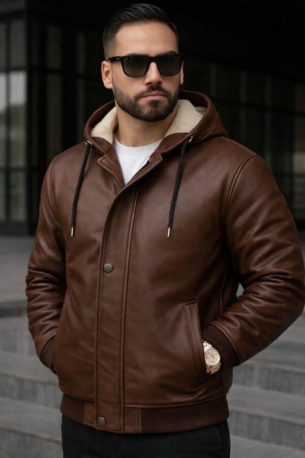 Xhup Lëkure Premium me Kapuç dhe Pelush – Stil Urban Luksoz