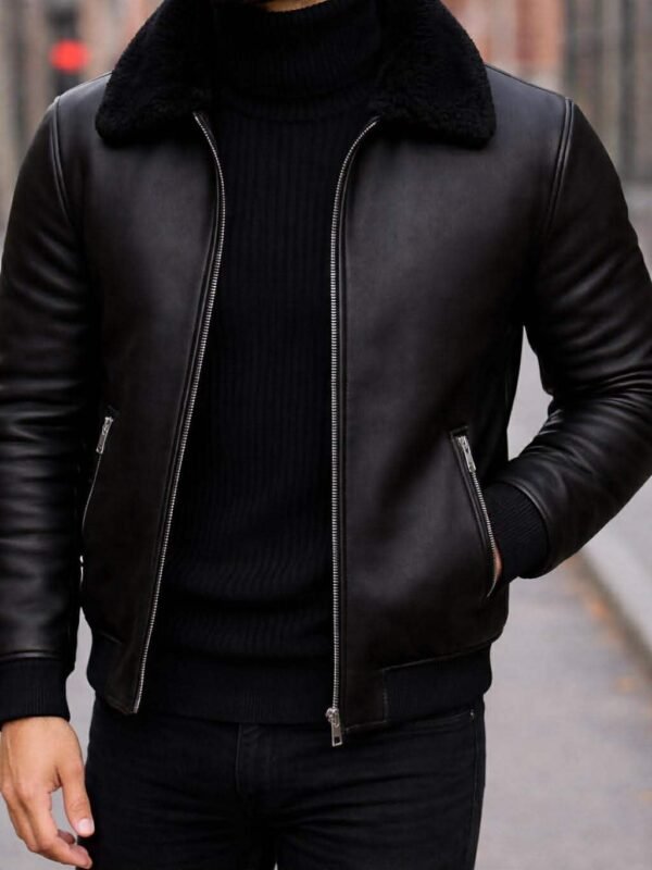 Xhup Lëkure Premium i Zi me Jakë Pelushi