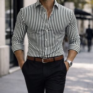 Këmishë Premium Slim Fit me Vija Vertikale – Green & White Edition