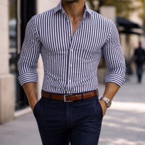 Këmishë Premium Slim Fit me Vija Vertikale – Navy & White Signature