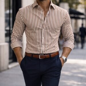 Këmishë Premium Slim Fit me Vija Vertikale – Camel & White Edition