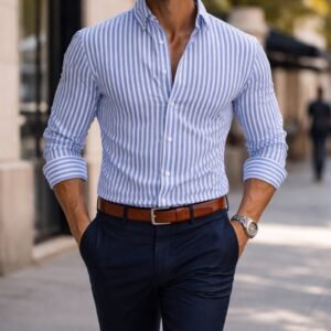 Këmishë Premium Slim Fit me Vija Vertikale – Light Blue & White Edition