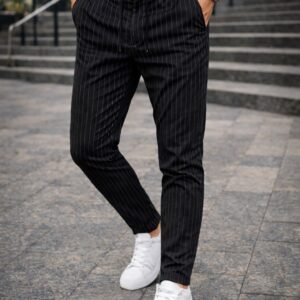 Pantallona Pinstripe të Zeza me Lidhëse – Komfort Premium & Stil Urban
