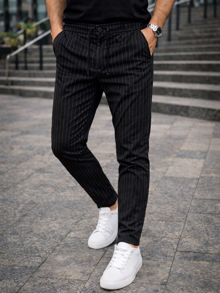 Pantallona Pinstripe të Zeza me Lidhëse – Komfort Premium & Stil Urban