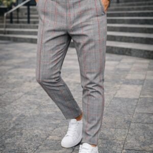 Pantallona Gri Checkered me Detaje të Kuqe – Stil Premium & Karakter Unik