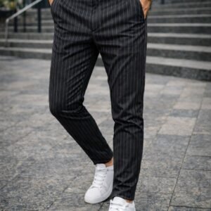 Pantallona Pinstripe të Zeza – Elegancë Urbane & Pamje Premium