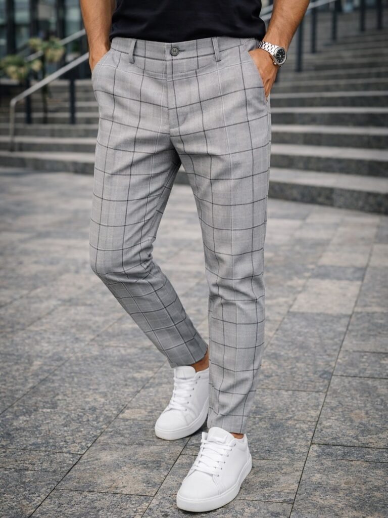 Pantallona Gri Windowpane – Elegancë Moderne & Stil i Rafinuar
