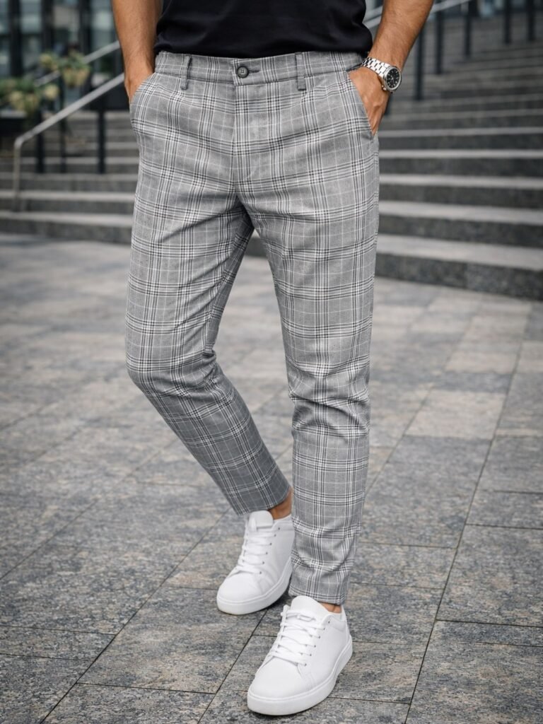 Pantallona Gri Checkered – Stil Klasik & Elegancë Moderne